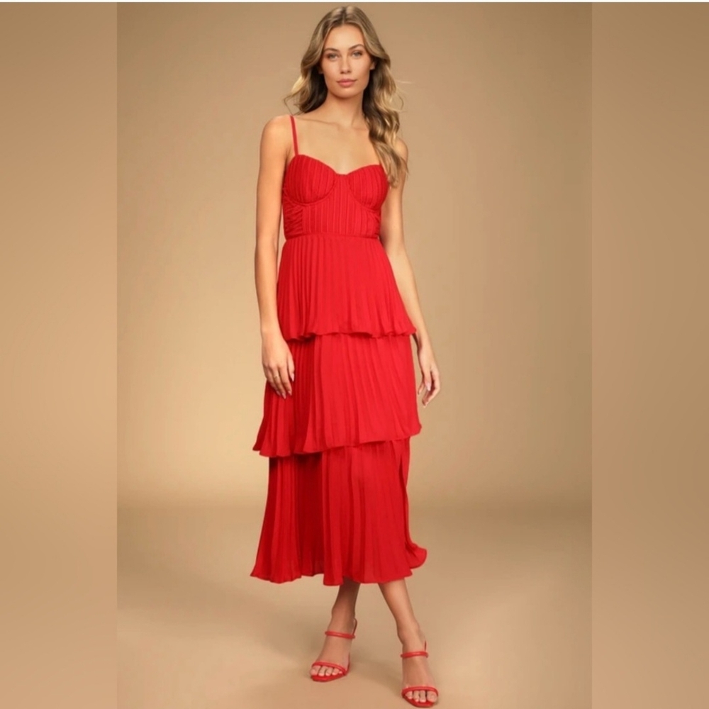 Lulu's Vibrant Red Tiered Midi Dress